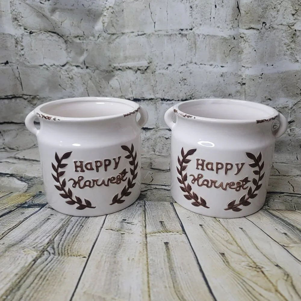 2 Happy Harvest Fall Farmhouse Country Stoneware Utensil Holder Crocks Vase 5